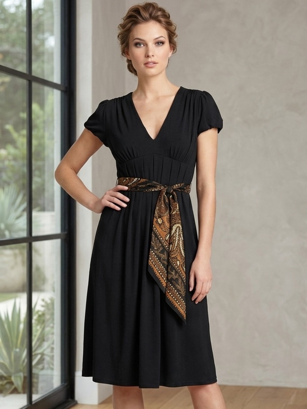 Nicole Miller Studio Black Midi Dress Puff Sleeve Scarf Belt NWT Size M